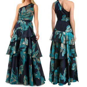 New! AIDAN MATTOX One-shoulder peacock tiered Ballgown Metallic 26747